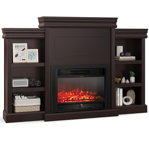 Giantex Electric Fireplace TV Stand - 1500W Electric Fireplace Inserts with 3 Flame Colors, Media Console, TV Cabinet with Fireplace, 6 Shelves, Entertainment Center for Bedroom, Living Room (Brown)