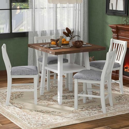 LZ LEISURE ZONE Dining Table Set, 5-Piece Counter Height Dining Table Set in 2 Table Sizes with 4 Folding Leaves and 4 Upholstered Chairs for Dining Room, Gray
