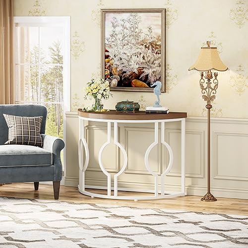 Tribesigns Half Moon Console Table for Entryway, 43 Inch Industrial Semi Circle Sofa Table with Geometric Base, Wood Accent Table for Living Room, Hallway, Foyer, Entrance, Grey