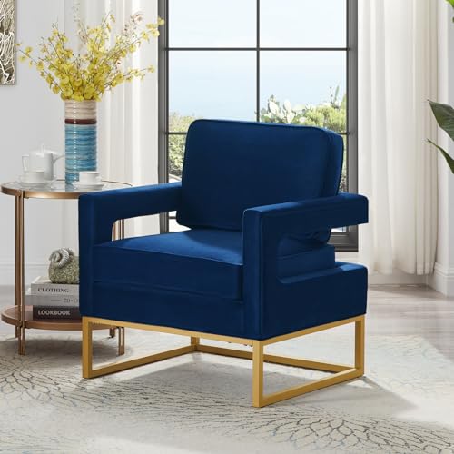 Accent Chair, Modern Velvet Upholstered Armchair Lounge Chair with Metal Frame, Comfy Reading Chair Single Sofa Chair with Hollow Armrests for Living Room, Lounge, Office, Bedroom, Navy
