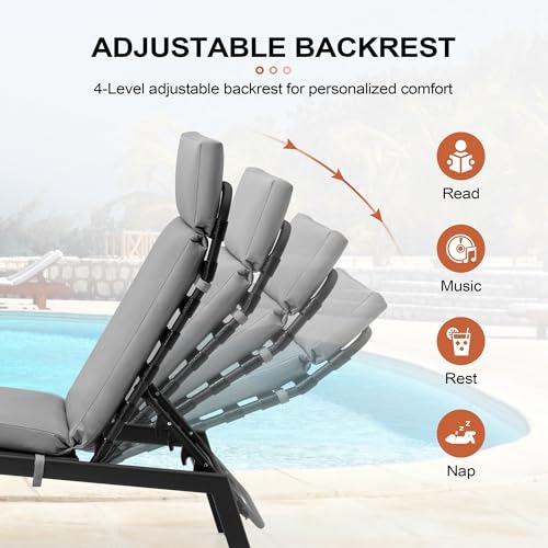 Patio Oversized Outdoor Patio Lounge Chairs set of 2, Metal Outdoor Pool Lounge Chair with Adjustable Backrest, Sunbathing Tanning Poolside Loungers for Backyard Porch Deck Lounger Recliner (Beige)