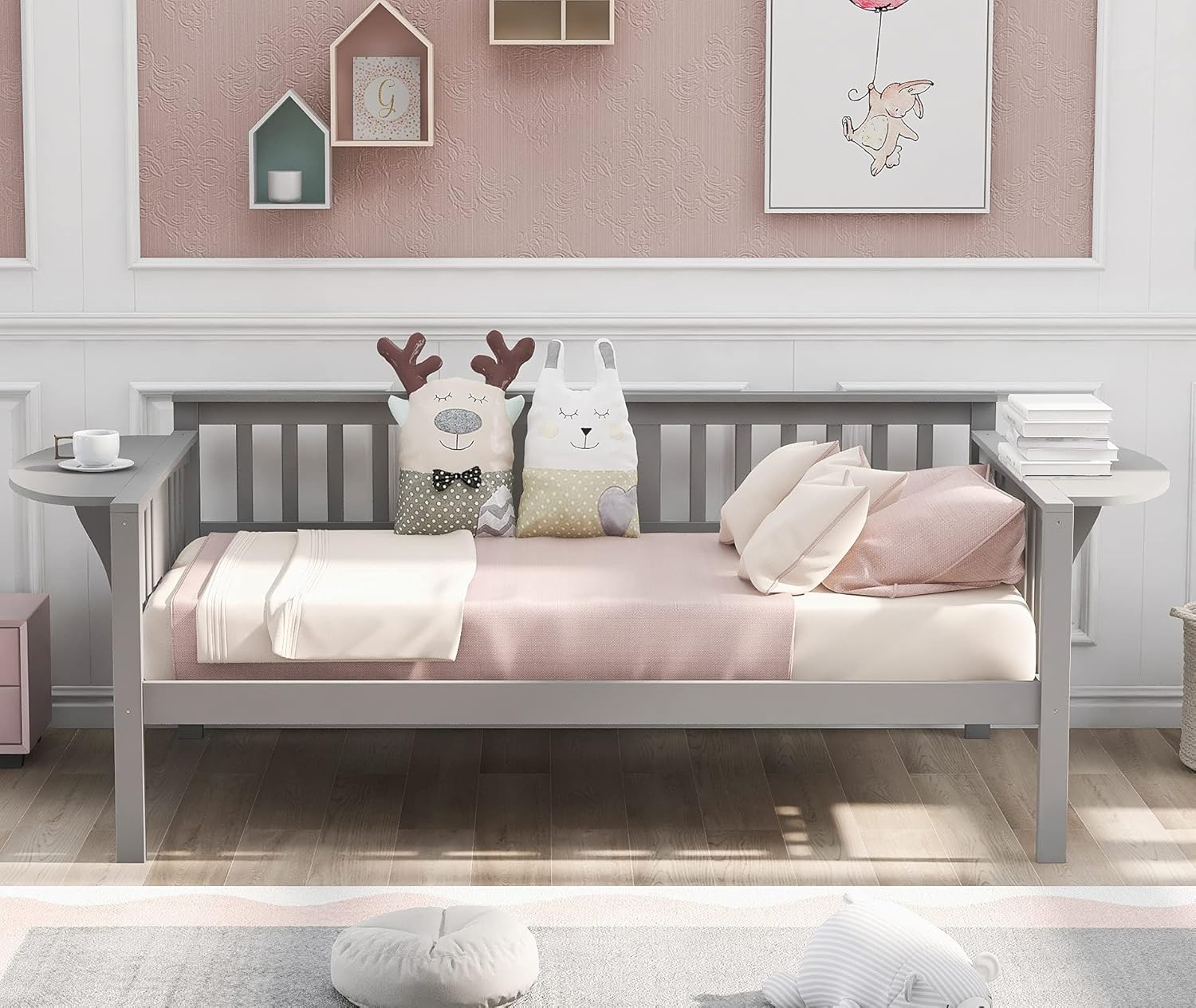 Wooden Twin Daybed Frame, Sofa Bed for Bedroom, Solid Wood Daybed for Living Room, No Need Box Spring, Grey