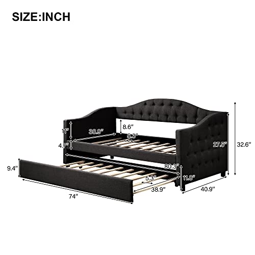 Flieks Twin Upholstered Daybed, Linen Fabric Upholstered Tufted Sofa Bed with Trundle, Sofa Bed Trundle Daybed with Wood Frame，Dark Gray