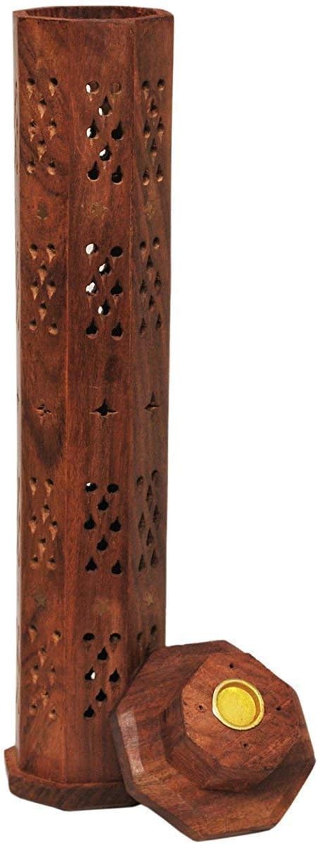Sheesham Wood Tower Incense Stick Holder, Height 12 in, Base 7.5 x 7.5 in