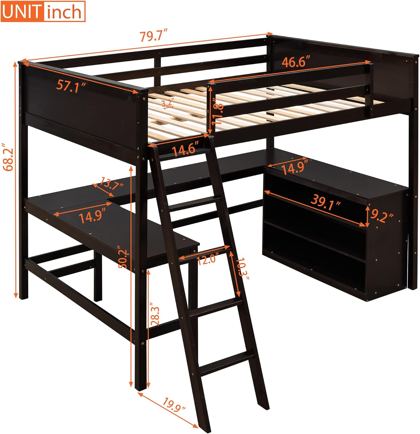 Merax Full Size Loft Bed with Desk, Wooden Full Loft Bed Frame with Ladder & Shelves, Espresso