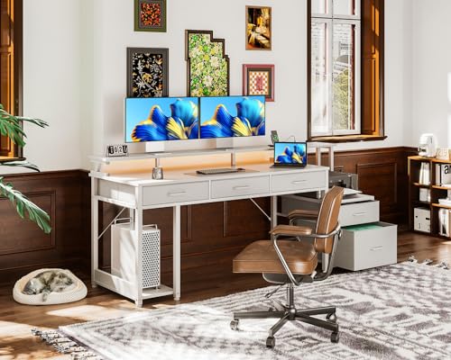 AODK Office Desk with File Drawer, 63 Inch Reversible Computer Desk with 4 Drawers & Power Outlet, LED Strip, Home Office Desk with Monitor Shelf & CPU Stand, Gaming Desk, Black