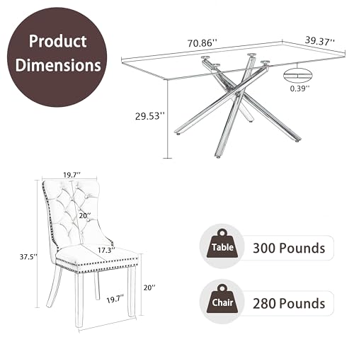 Baysitone Glass Dining Table Set for 4, 71'' Dining Room Table Set, Rectangle Glass Kitchen Table Set for 4, 5 PCS Mid Century Modern Table and Black Tufed Upholstered Chair Set for Home, Silver
