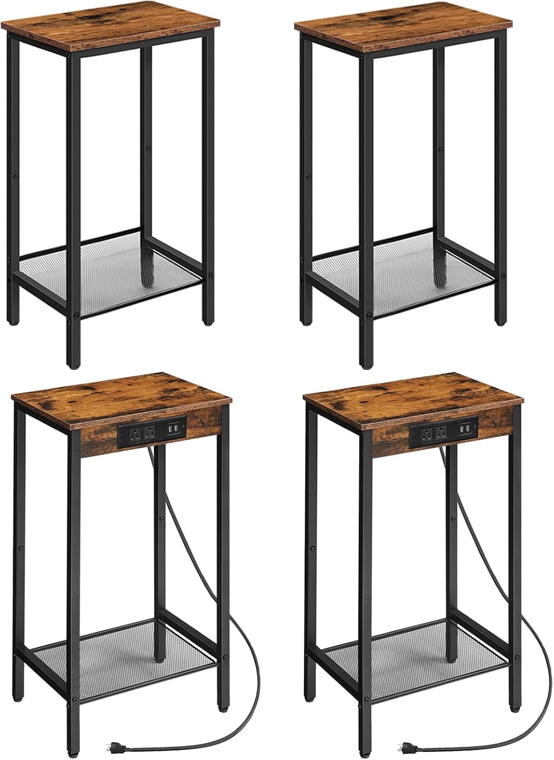 HOOBRO Tall Side Table Set of 2 and Tall Side Table Set of 2 with Charging Station Bundle, Industrial End Telephone Table Small Entryway Table for Living Room, Hallway, Bedroom, BF03DHP201-BF08UDHP201