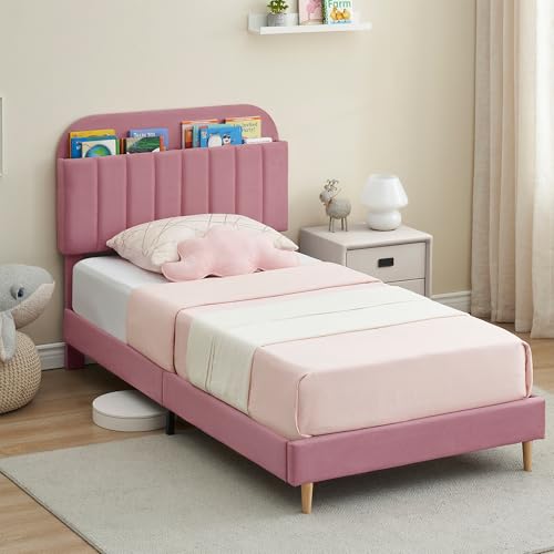 Twin Size Bed Frames, Velvet Upholstered Platform Bed Frame with Storage Headboard and Strong Wooden Slats, Noise-Free/Easy to Assemble/No Box Spring Needed, Blue