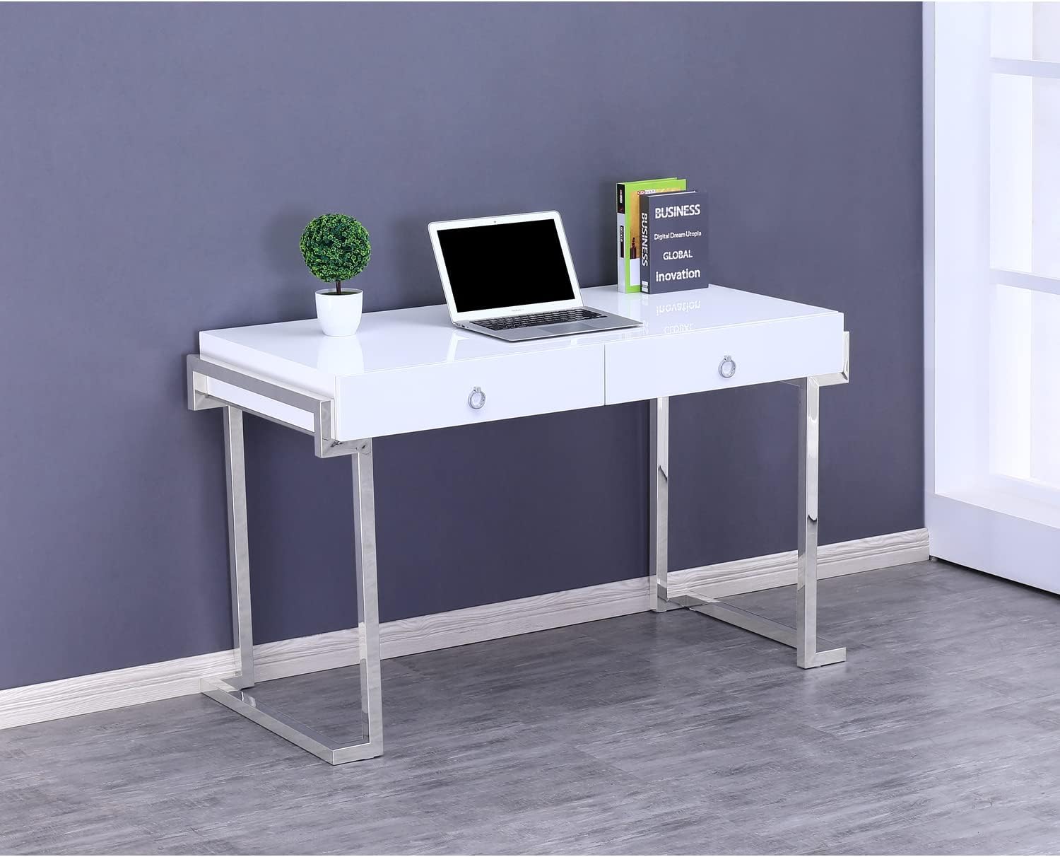 Best Master Furniture Juneau White Lacquer Modern Computer Desk, Silver