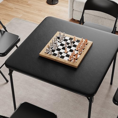 GAOMON Portable Folding Card Table and Chair Set of 3, Pu Upholstered Foldable Table, and All Metal Folding Chairs, Table and Chairs Suitable for Dining Room, Living Room, Office, Camping-Grey