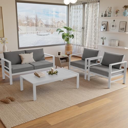 4 Piece Cast Aluminum Outdoor Patio Furniture Set, All-Weather 4 PCS Modern Aluminum Outdoor Conversation Sets Metal Patio Sectional Chat Sofa with Coffee Table, Dark Gray