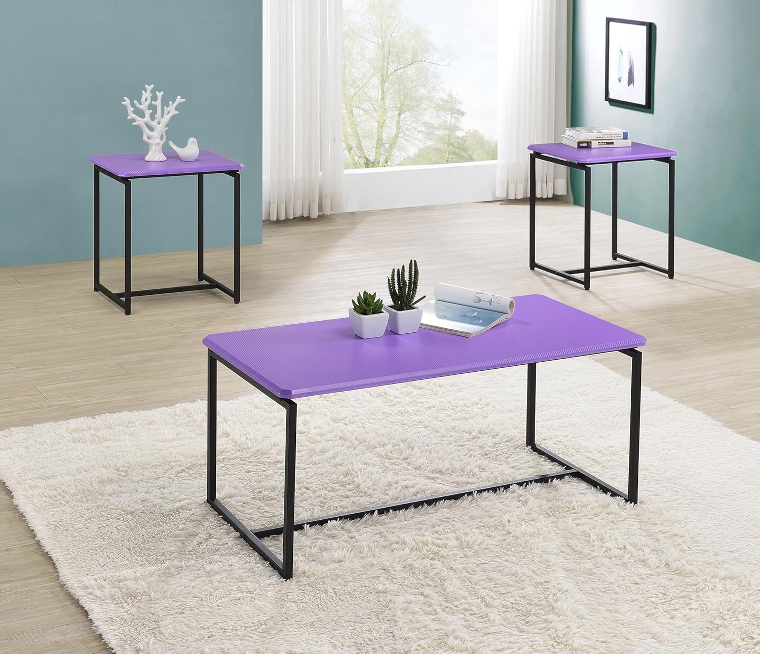 3 Piece Violet Carbon Fiber Wrap Coffee Table and End Table Set,Living Room Table Modern Funiture Table