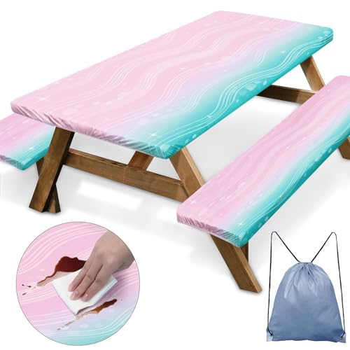 Sunflower Picnic Table Cover with Bench Covers, Rustic Grey Wooden Summer Floral Farmhouse Outdoor Camping Essentials 6FT 3PCS Fitted Rectangle RV Must Haves Tablecloth with Drawstring Bag