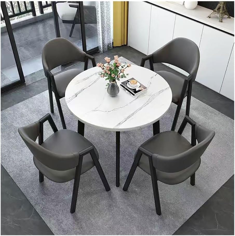 Round Dining Table Set for 4, Faux Marble Modern Kitchen Table and Chairs Set Modern Casual Coffee Table Set Meeting Spaces(White,Dark Gray 2)