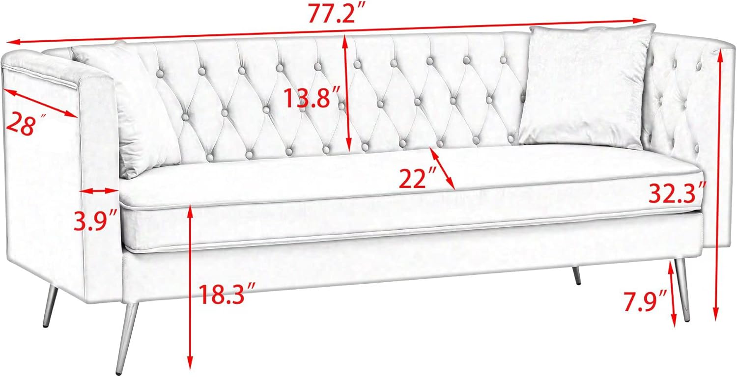 Modern Flat Armrest Living Room Sofa Teal Three Seat Sofa with Two Throw Pillows