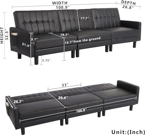 106”Futon Sleeper Sofa Bed Faux Leather Convertible Loveseat Tufted Mid-Century Modern Sofa Couch for Office/Livingroom/Small Space w/adjust Backrest/Side Pockets (Black, 3-Seater)