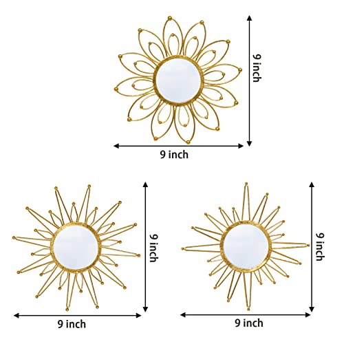 Mirror Wall Decor Gold Mirrors for Wall Metal Sunburst Mirrors Home Decoration Wall Art Decorative Mirror Suitable for Living Room Bedroom Entrance Set of 3