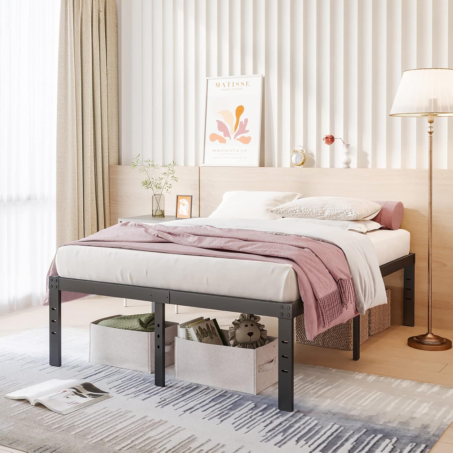 COMASACH 18-Inch King-Size Bed-Frame with 6 Pcs Mattress Gaskets, Heavy Duty Metal Tall Platform Bed Frames, Non-Slip Mattress-Foundation Support to 3500Lbs，Noise Free, No Box Spring Needed, Black