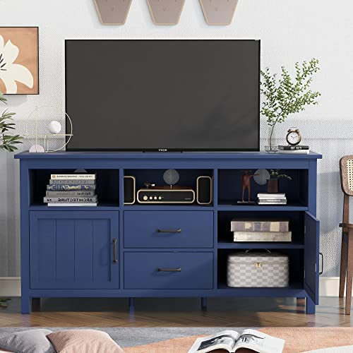 Amposei Farmhouse Modern TV Stand for 68-inch TVs Media Entertainment Center Console Storage Cabinet with Drawers & Display Shelves for Living Room Bedroom, 57 Inch, Navy