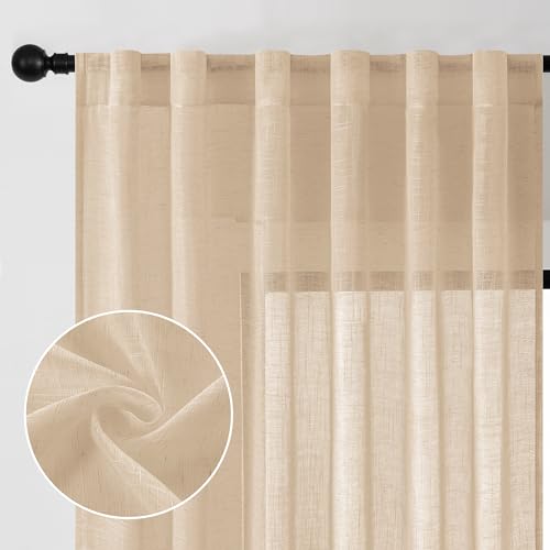 DWCN Linen Sheer Curtains, Rod Pocket & Back Tab Linen Texture Semi Sheer Window Covering, Light Airy Privacy Sheer Panels for Bedroom Living Room Patio Glass Door 52