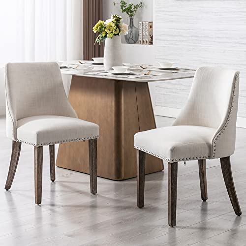 Kmax Fabric Dining Chairs Set of 4 Upholstered Side Chairs Farmhouse Accent Chairs with Nailhead Wood Legs for Dining Room Guest Room Restaurant, Cream