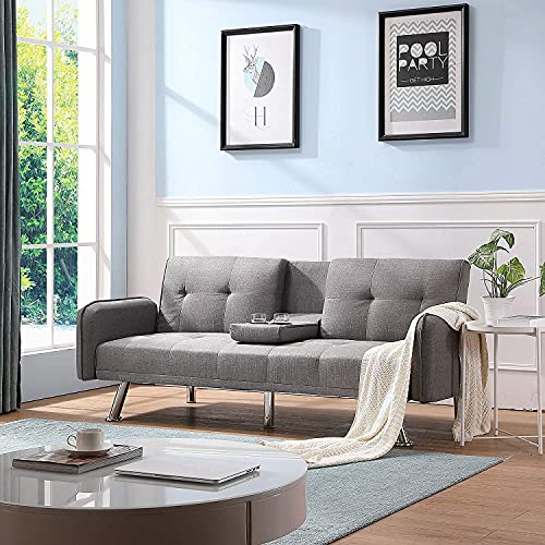 Futon Sofa Bed, Rockjame Convertible Loveseat for Living Room Apartment, Dorm, Metal Legs, 2 Cup Holders, 3 Angles for Adjusting, Living Room Furniture (Purple) (Color : Purple)