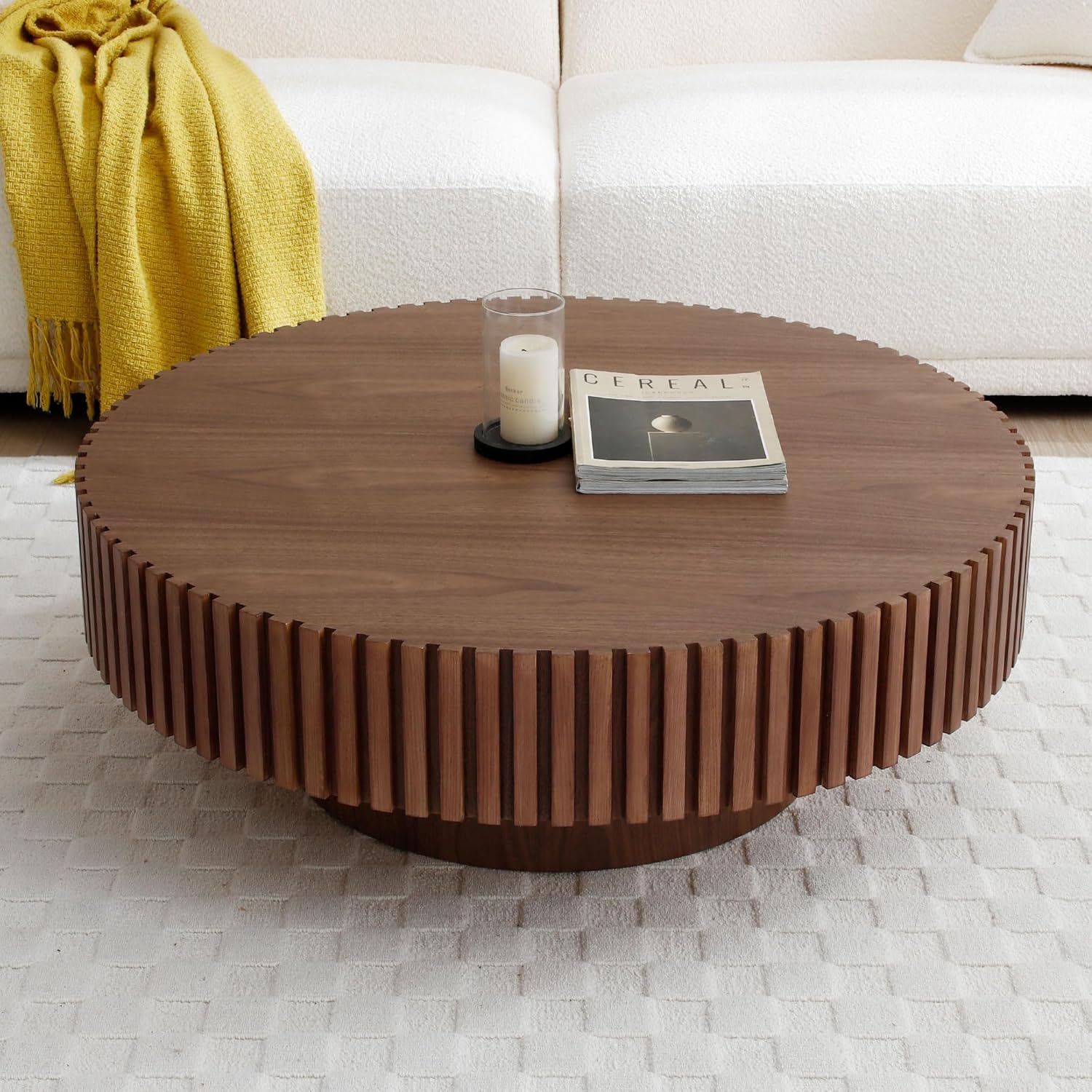 Fluted Coffee Table - Round Coffee Tables with Vertical Texture Relief Design, Contemporary Coffee Table with Cylindrical Sturdy Pedestal, Pedestal Coffee Table for Living Room (Walnut, 31.49'')