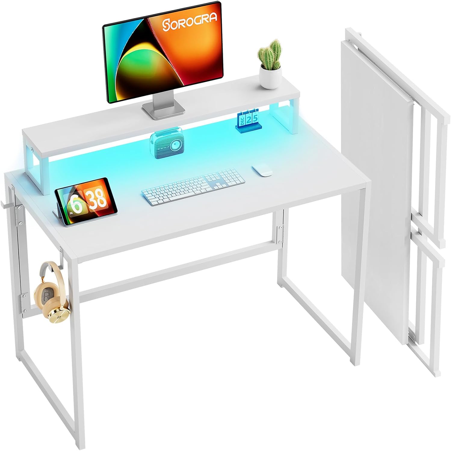 Coavas 39.4 inch Folding Desk No Assembly Required, 39.4 inch with Led Lights for Small Space Computer Gaming Table with Monitor Shelf for Home Office Bedroom