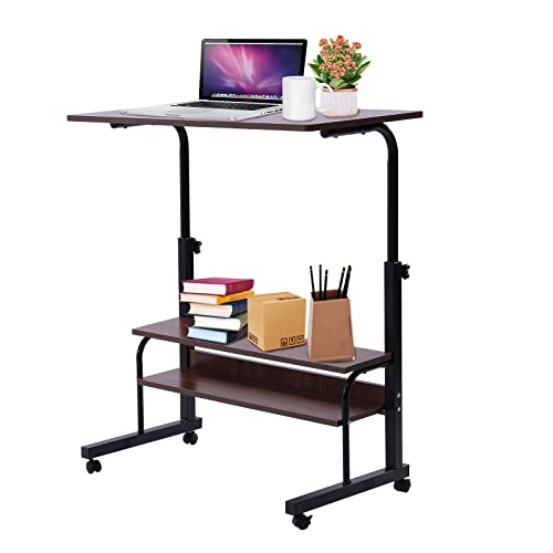 Standing Desk - 2 -Tier Rolling Computer Desk Study Writing Work Table Printer Shelf Home Office Adjustable Height Portable and Modern Suitable for Office, Dormitory, Bedroom (Brown)