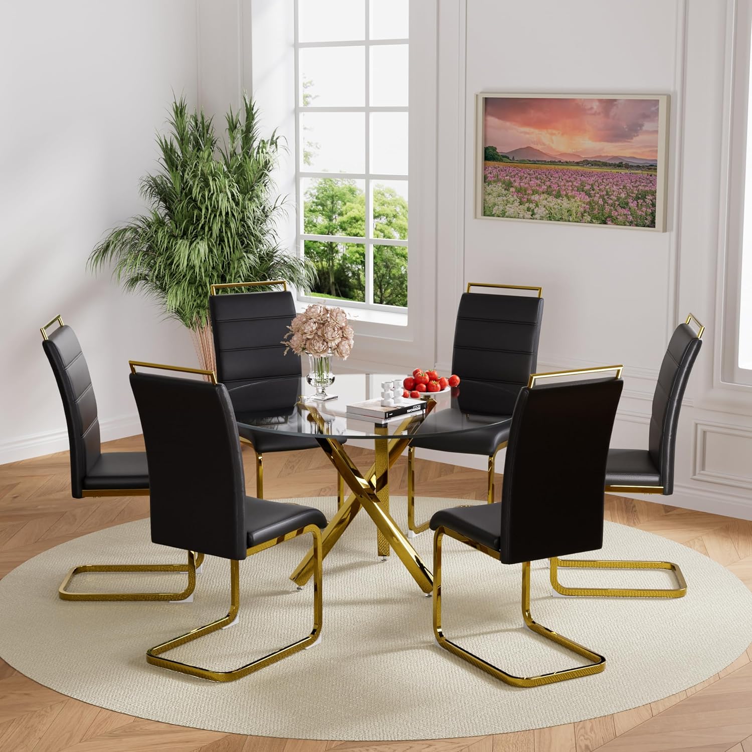 Baysitone Round Glass Dining Table Set for 6, 47'' Circle Dining Table Set with Black PU Faux Upholstered Dining Chairs, Glass Dining Room Table Set with Square Base for Home