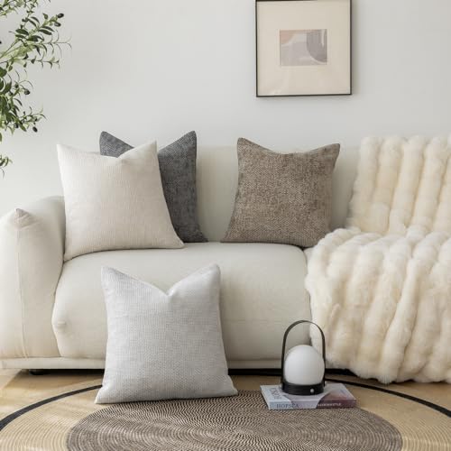 LANANAS Neutral Decorative Throw Pillow Covers 18x18 Inch for Living Room Couch Bed Sofa Farmhouse Boho Home Decor Set of 4 Soft Corduroy Accent Luxury Cushion Cases (18x18, Neutral Cream-Grey)
