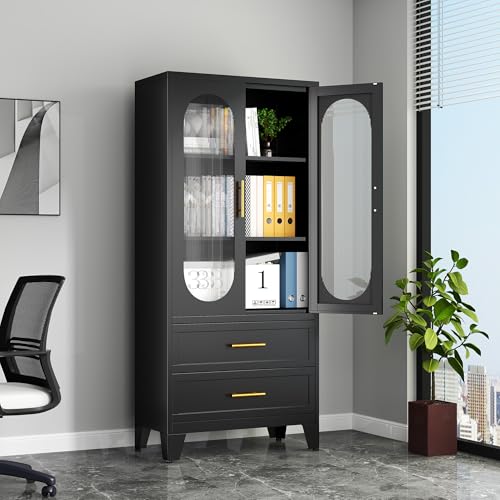 White Metal Storage Cabinet, Acrylic Glass Display Cabinet with Doors and 2 Adjustable Shelves, Kitchen Pantry Cabinet with 2 Drawers, Floor Office Locker for Kitchen, Living Room, Home Office