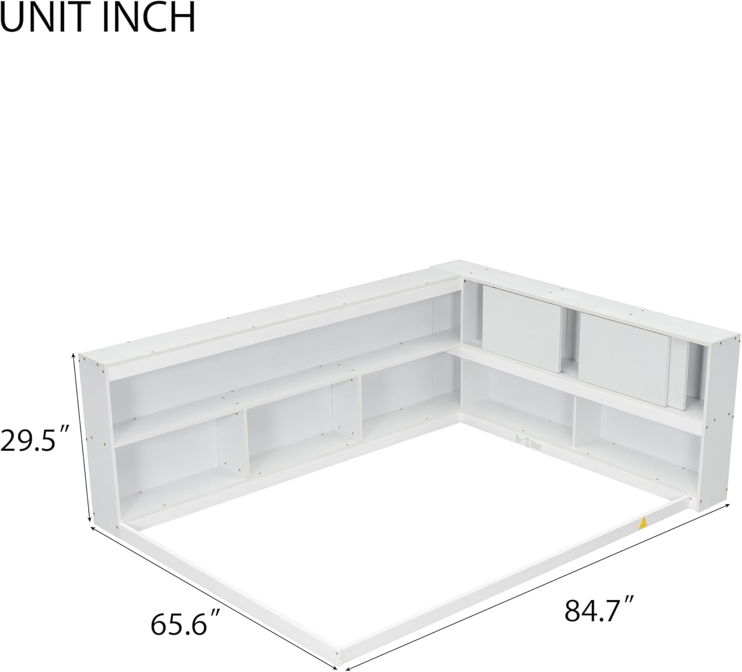 Full Size Floor Bed with L-Shaped Bookcases, Full Bed Frame with Sliding Doors at Headboard for Bedroom Guestroom, Without Slats, White