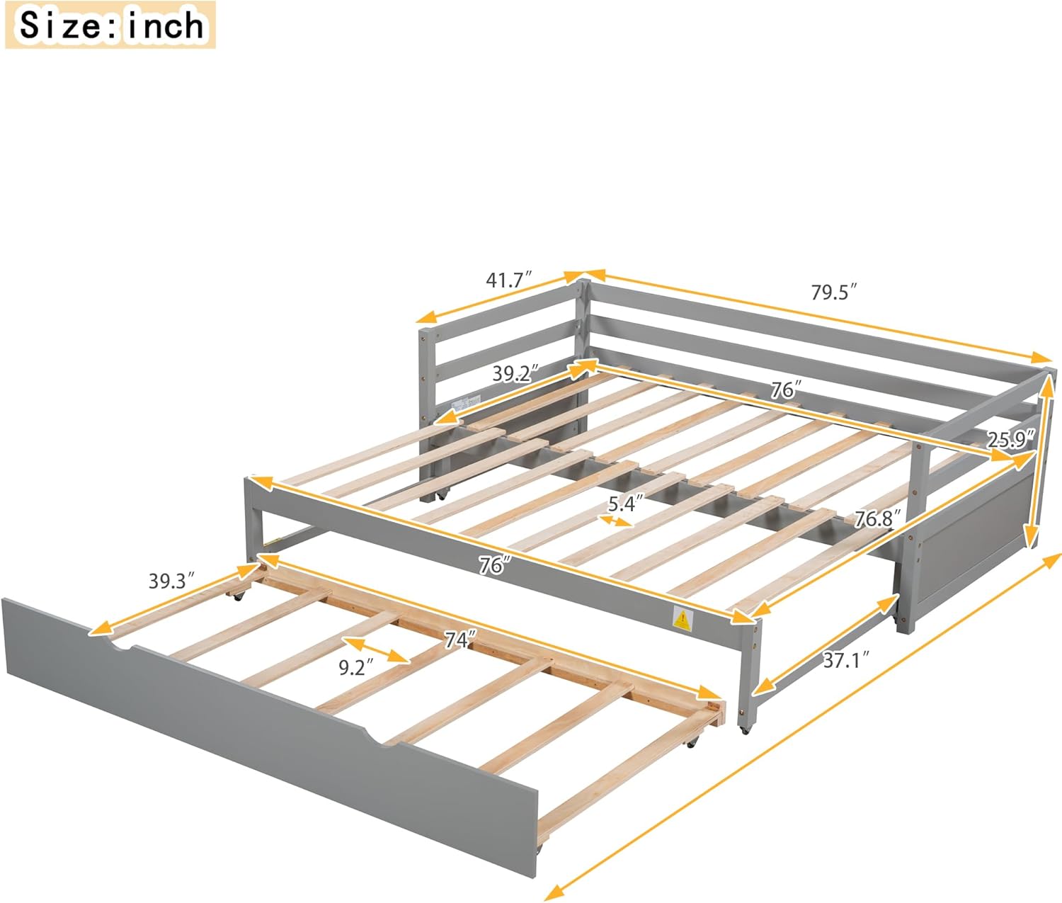Twin or Double Twin Daybed with Trundle,Gray 79.5X 118.1x 25.9 inch (LxWxH)