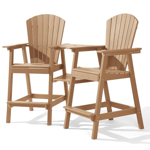 Tall Adirondack Chair Set of 2 with Removable Double Connecting Trays, Recycled HDPE with Wood Grain, Weather Resistant, Outdoor Adirondack Barstools for Deck, Balcony, Patio, Backyard, Light Gray