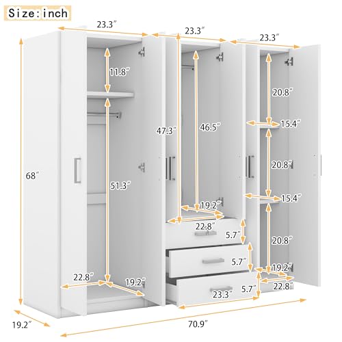 6-Doors Wooden Wardrobe Storage for Bedroom, with Big Drawers,Wooden Clothes Storage Organizer Bedroom armoires Closet wooden (White)