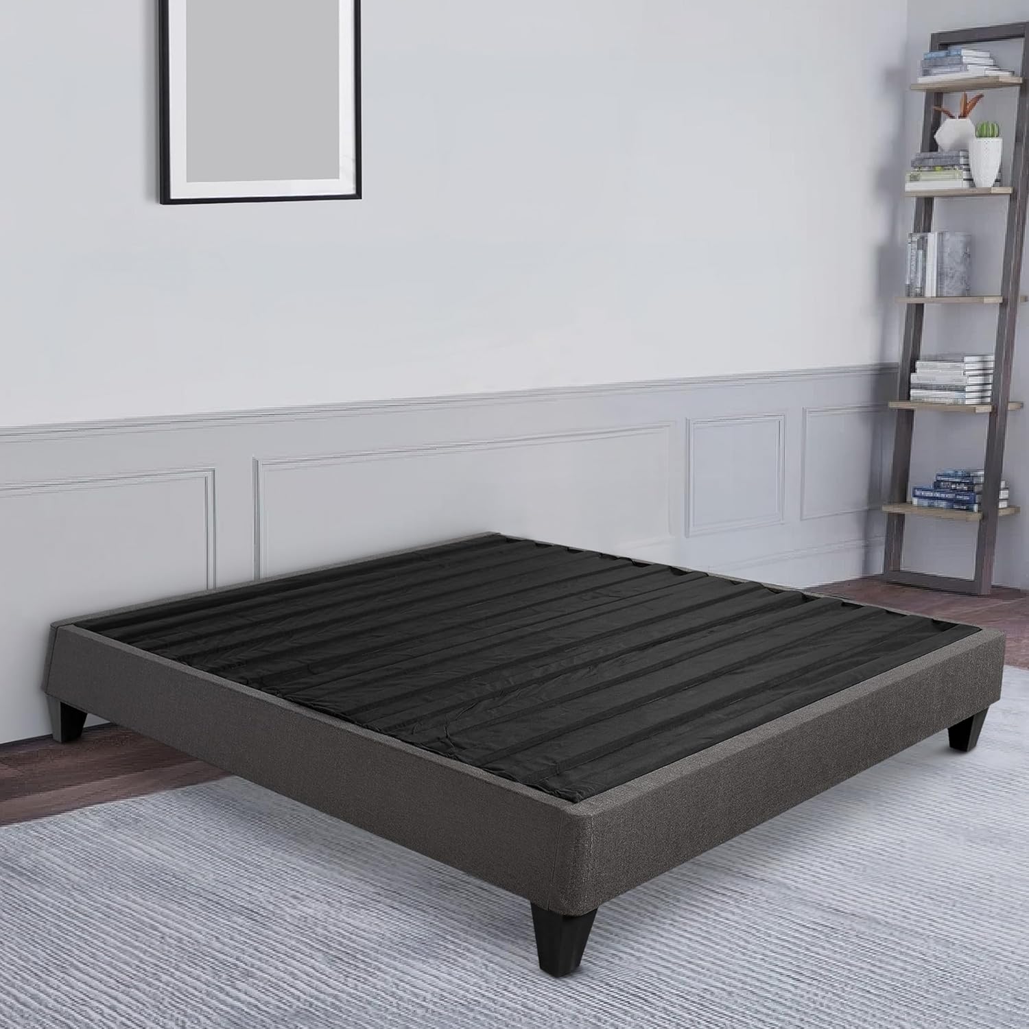 Benjara Tamy California King Size Platform Bed Frame, Dark Gray Linen Upholstery