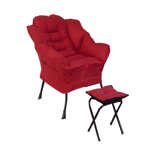 Lazy Chair with Ottoman, Modern Soft Reading Chair Accent Contemporary Lounge Leisure Sofa Chair with Armrests and a Side Pocket, Armchair with Stool for Bedroom, Living Room, Office, Red