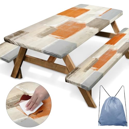 Sunflower Wooden Picnic Table Cover with Bench Covers, Rustic Summer Floral Farmhouse Outdoor Camping Essentials 6FT 3PCS Fitted Rectangle RV Must Haves Tablecloth with Drawstring Bag