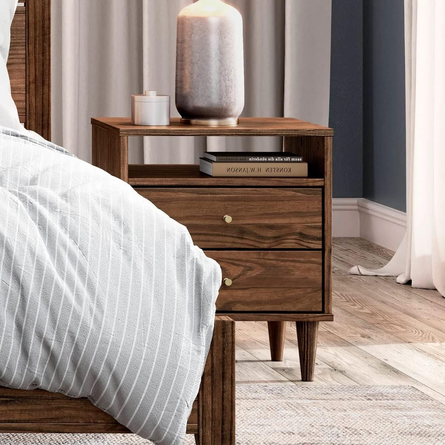 Mid Century Modern Nightstand Provides Retro Style and Modern Function. 2 Drawer Bed Organizer Features Spacious Storage Compartments for Your Bedroom. Solid Wood in Walnut Brown Creates Elegant Feel.