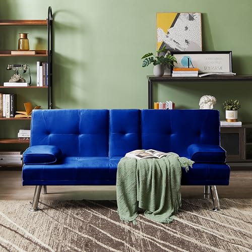 Couch Futon Sofa Bed with 2 Cup Holders, 3-Position Futon Sofa Bed with Cup Holders and Removable Armrests Upgrade Your Guest Room with Our Stylish and Comfortable Futon Sofa Bed,Beige White