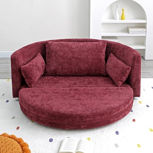 2in1 Foldable Sleeper Sofa Bed - Full-Size Floor Sofa Bed Round Sofabed Circular Sofa Daybed, Futon Loveseat Sofa Folding Lazy Sofa Couch 2-Seat Sitting and Sleeping Sofa for Living Room (Red)