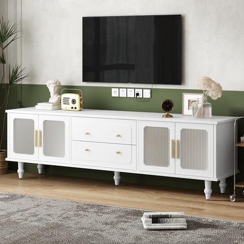 LUMISOL Modern Fluted TV Stand for 75’’+ TV, LED Entertainment Center with 4 Drawers & Glass Doors, Wood TV Media Console with LED Lights, Gold Legs for Living Room Bedroom, Black