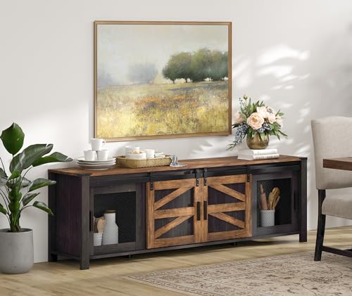 WAMPAT Farmhouse TV Stand for 100 Inch TV with Sliding Barn Door, Set of Two Modern Wood Entertainment Center with Storage Cabinets, 70