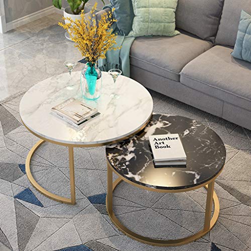 Set of 2, Nest of Tables Marble l Modern Coffee Table Round Sofa Side Occasional End Table Living Room Balcony l Nesting Tables (White Large and Black Small)
