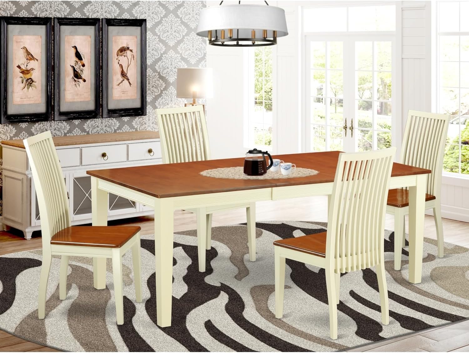 French Country 5 Pc Kitchen Table Set with A Dining Table and 4 Solid Wood Seat Chairs in Buttermilk and Cherry