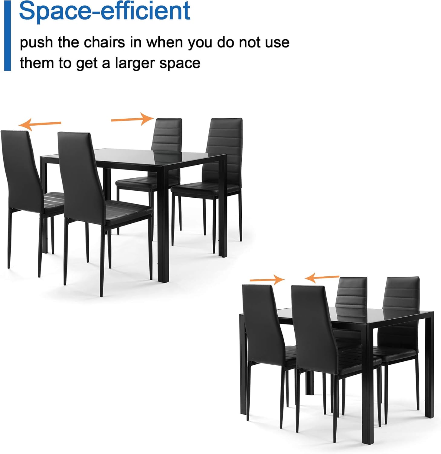 JOYBASE 5 Piece Dining Table Set, Tempered Glass Top Table with 4 Leather Chairs, Kitchen Dining Furniture, Black