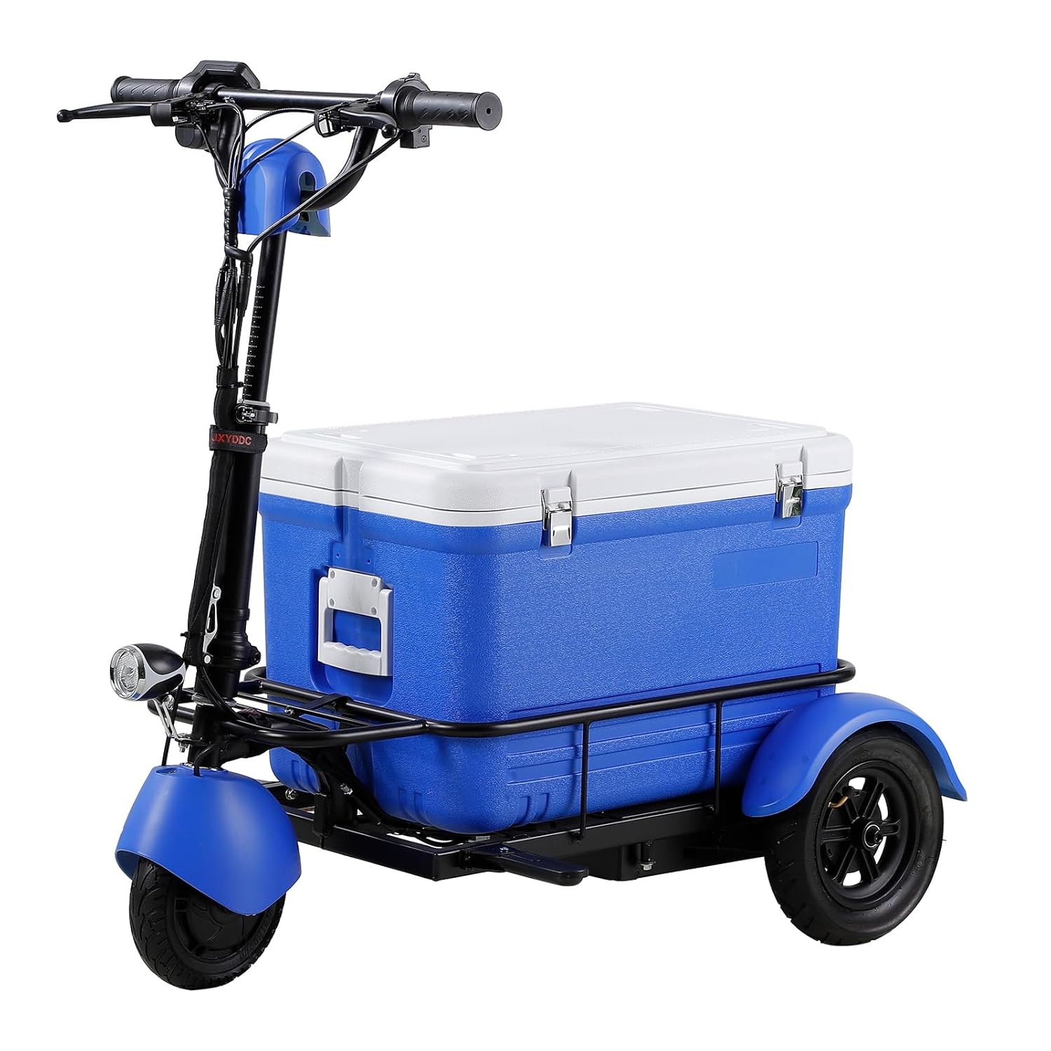 3 Wheel Foldable Mobility Scooter with 14 Gallon Cooler - Foldable Electric Powered Wheelchair Device, Compact Heavy Duty Mobile for Camping, Travel, Adults, Elderly, Blue
