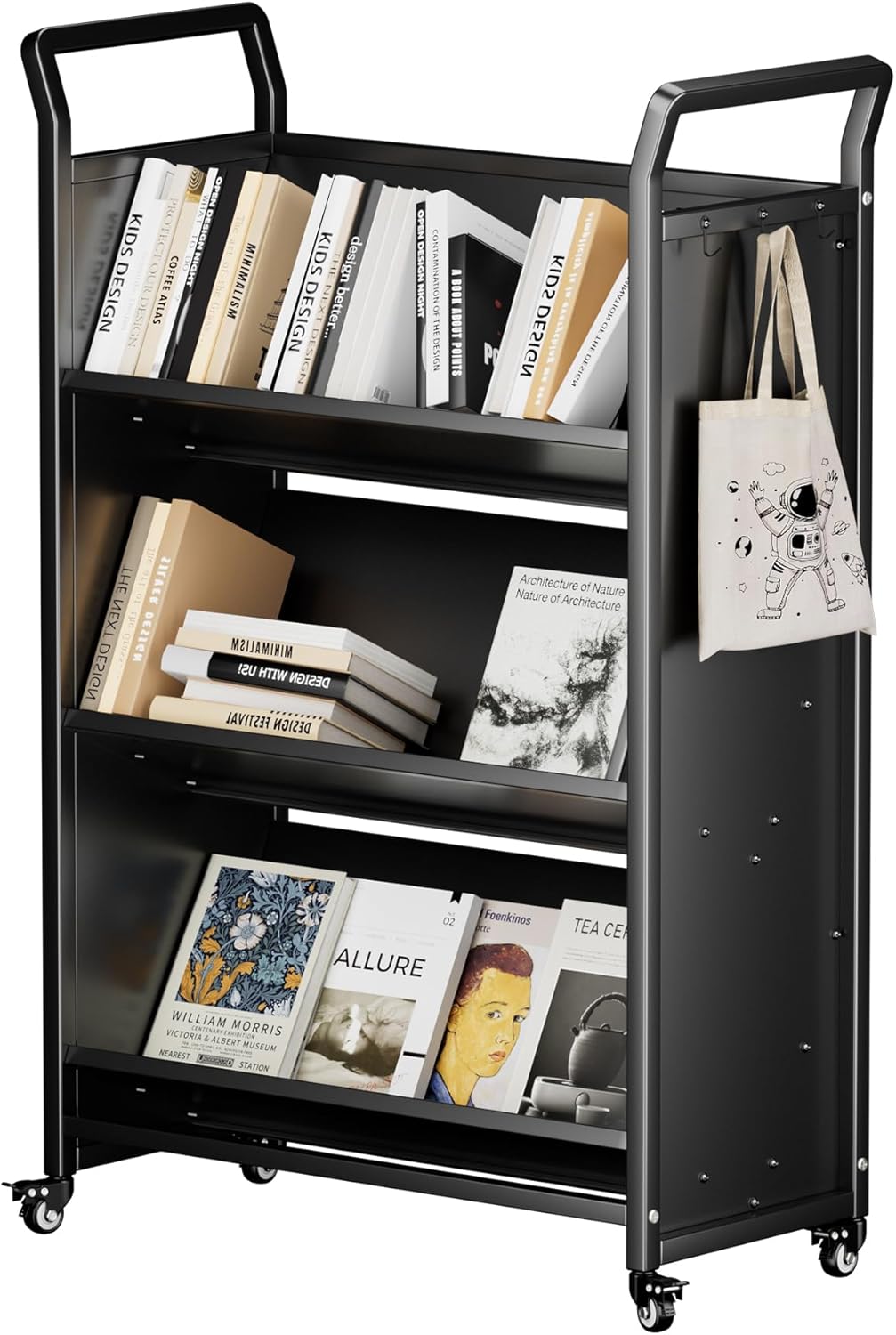 Book Cart,360LBS Rolling Book Cart,49''x31.5''x13.78'' Rolling Bookshelf,V-Shaped Library Cart with 4 Lockable Wheels for Home Book Shelves,Offices,School Bookshelf Cart,Black